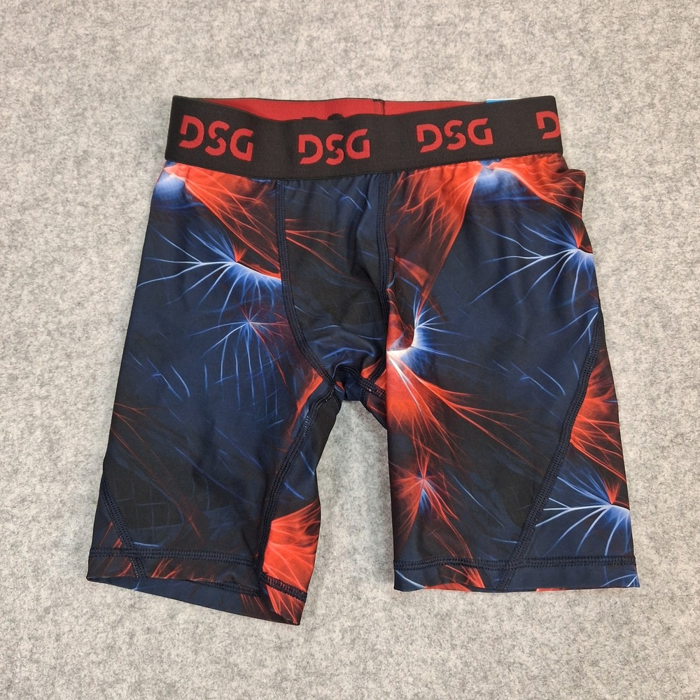 DSG Compression Shorts Boys Large Multi Streaks Blue Red Moisture Wicking NEW